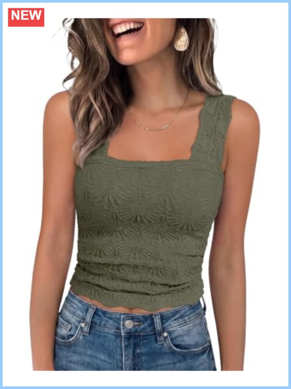 Jacquard Floral Square Neck Crop Tank Top High Stretch Slim Fit